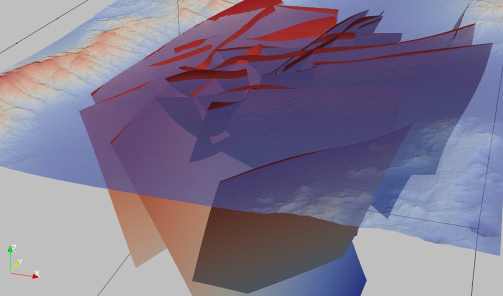 AI-driven geothermal prospectivity map showing fault networks and high-potential subsurface resource zones identified through advanced geophysical modeling and machine learning.