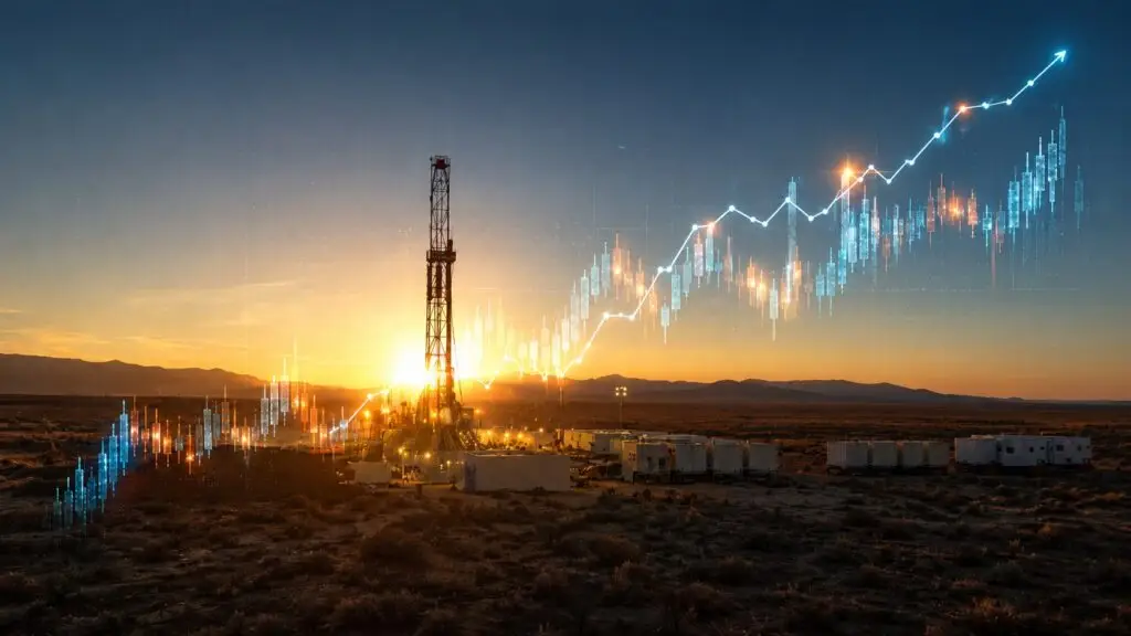 Geothermal drilling rig in a desert landscape with an upward investment growth chart, representing TLS Geothermics’ approach to de-risking hidden geothermal systems through advanced subsurface intelligence and drilling validation.