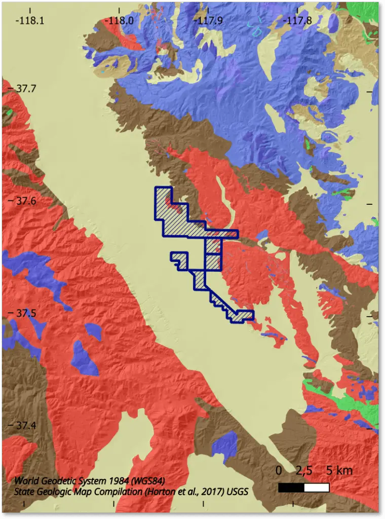 Geologic map showing the White Wolf Camp geothermal lease area over regional geology, terrain, and WGS84 coordinate reference markers.